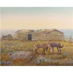 C. R. Cheek, original oil, 16" x 20", Log Cabin On The Prairie