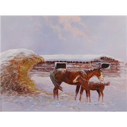 C. R. Cheek, original oil on board, Into The Haystack, 12" h x 14" w