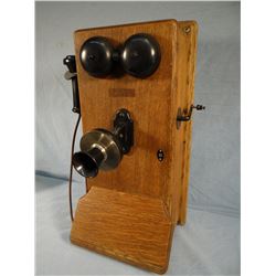 Western Electric oak wall phone, some damage upper left corner