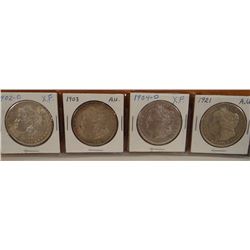 4 Morgan Dollars, 1902-O, X.F.; 1903-P, A.U.; 1904-O, X.F.; 1921 A.U.
