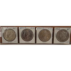 4 Morgan Dollars, 1889-P, X.F.;  1897-P, A.U.; 1901-O, X.F.; 1902-P, X.F.