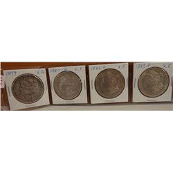 4 Morgan Dollars, 1879-P, V.G.; 1880-O, X.F.; 1883-O, X.F.; 1887-P, X.F.