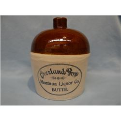 MT Liquor Co., Butte, MT Overland Rye Whiskey 1/2 gal. crock jug,  bottom marked Minnesota Stoneware