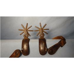 Mexican silver inlaid hvy. iron spurs, 8 pt. rowels