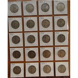 Walking Liberty Half Dollars, various dates, 20 coins per page