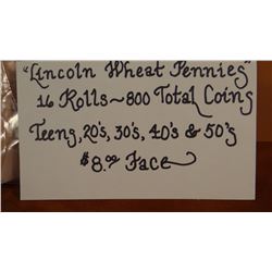 Lincoln Wheat Pennies, 16 full rolls, 800 total pennies, dates in teens, 20's, 30's, 40's, 50's