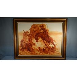 Jones, John original oil on canvas, Bronc In Camp, 30" x 40"