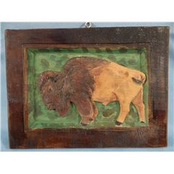 Buffalo wood carved on board, signed "Powell" lower right corner, 7" x 9"