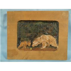 Bear and cub wood carving on board, 7" x 9",