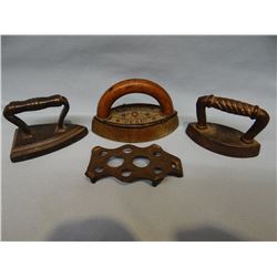 3 small sad irons w/1 trivet, 3 & 4"