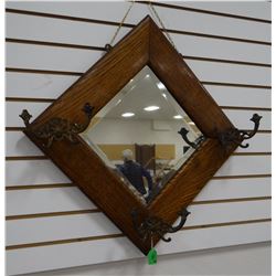 Vintage oak framed mirror and hat rack, fancy