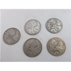 5 Canadian Silver Quarters