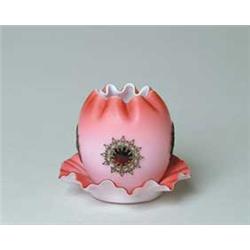 ANTIQUE VICTORIAN PINK SATIN GLASS JEWELED FAIRY LAMP