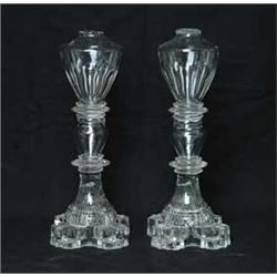 PAIR OF PRESSED GLASS WHALE OIL LAMPS