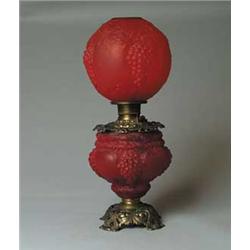 LARGE ANTIQUE VICTORIAN GRAPE PATTERN RED SATIN GWTW LAMP