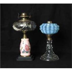 TWO GLASS OIL LAMPS