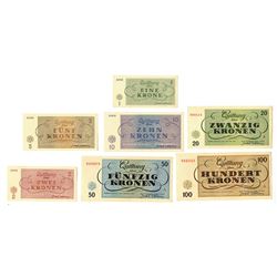 Theresienstat Concentration Camp / Ghetto Scrip, 1943, Set of 7 Notes