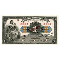 Banco De Reserva Del Peru, 1926 "Unissued" Specimen Only Issue Banknote.