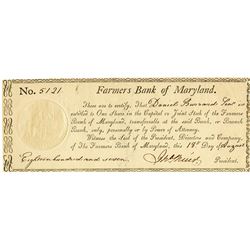 Farmers Bank of Maryland, 1807 Stock Certificate.