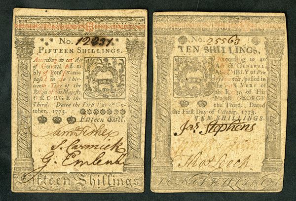 Pennsylvania Colonial Notes. October 1, 1773. 10 and 15 Shillings ...