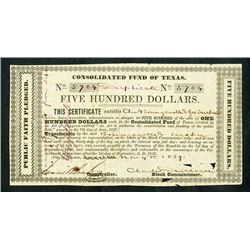 Consolidated Fund of Texas, 1839, "Duplicate" 5 Shares = $500 / Public Faith Pledge Note.