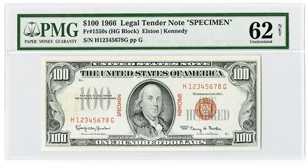 U.S. Note, $100, Red Seal, Fr.#1550s (HG Block) Ladder Specimen Banknote.