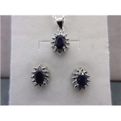 EARRINGS & NECKLACE SET - 1.8CTW  SAPPHIRE & 3 DIAMONDS IN STERLING SILVER SETTING - INCLUDES CERTIF