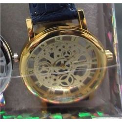 WATCH - NEW 2 SIDED SKELETON WATCH WITH LEATHER STRAP - WORKING- GOLD TONE