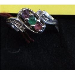 RING - 3 ASSORTED GEMSTONES( AMETHYST, RUBY & EMERALD ) & 2 DIAMONDS? - IN 10KT GOLD BI-PASS DESIGN 