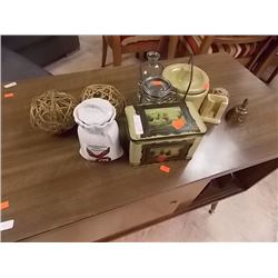 COLLECTABLE GLASSWARE, TIN MADE IN ENGLAND - BRASS BELL - GERMAN PEPPER JAR ETC - 11PC TTL