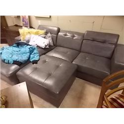 BONDED LEATHER SOFA - GREY - RECLINING HEAD RESTS WITH LARGE OTTOMAN