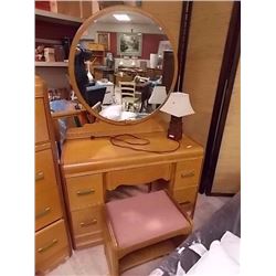 VINTAGE VANITY WITH MIRROR AND STOOL - BIRD'S EYE MAPLE - ART DECO ERA