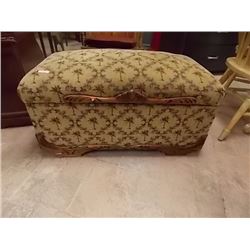 VINTAGE UPHOLSTERED FOOT STOOL WIHT CARVED WOOD ACCENTS - OPENS FOR STORAGE