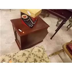 MAHOGANY SIDE TABLE WITH DOOR, PULL OUT TABLE AND MAGAZINE HOLDER