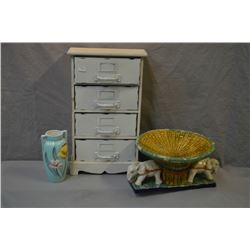 Three decorator pieces including majolica style elephant dish, a Japanese double handled vase and a 