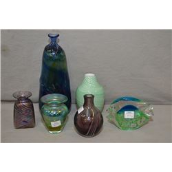 Selection of six signed art glass pieces including Skookum, Sardinia etc. ranging in heights from 3 