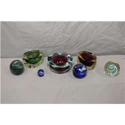 Selection of art glass including four cased paperweights, one with a pair of birds and , three heavy