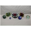 Image 1 : Selection of art glass including four cased paperweights, one with a pair of birds and , three heavy
