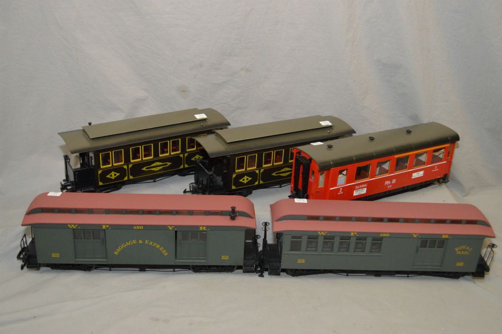 Selection of Marklin LGB G gauge rolling stock including two 3061 passenger cars, two "WP & YR Bagg
