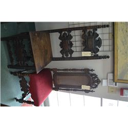 Two antique side chairs each with carved backs and supports and one with upholstered seat