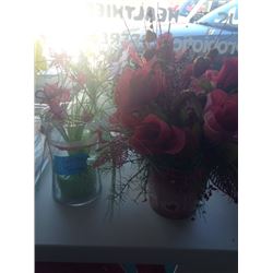 Two glass vases and two Red Flower Arrangement in tin can
