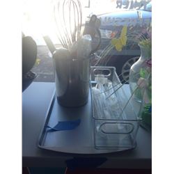 cookie sheet with two bins of utensils