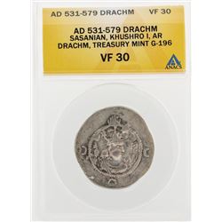 AD 531-579 Drachm Sasanian Khushro I AR Drachm Treasury Mint G-196 Coin ANACS VF