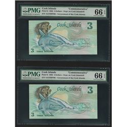 Lot of (2) 1992 $3 Cook Islands Commemorative Currency Note PMG Gem Unc 66EPQ