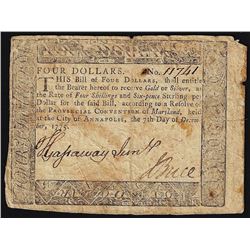 December 7, 1775 $4 Maryland Colonial Currency Note