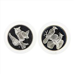 Lot of (2) Franklin Mint Great Horned Owls and Blue Jays Art Medals