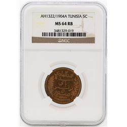 Africa Tunisia AH1322/1904A 5 Centimes Coin NGC MS64RB