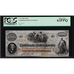 1862 $100 Confederate States of America Note PCGS Choice New 63PPQ