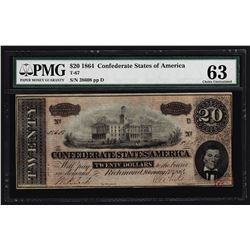 1864 $20 Confederate States of America Note PMG Choice Uncirculated 63