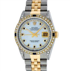 Rolex Mens Two Tone 18KT Yellow Gold Sapphire and Diamond Datejust Wristwatch